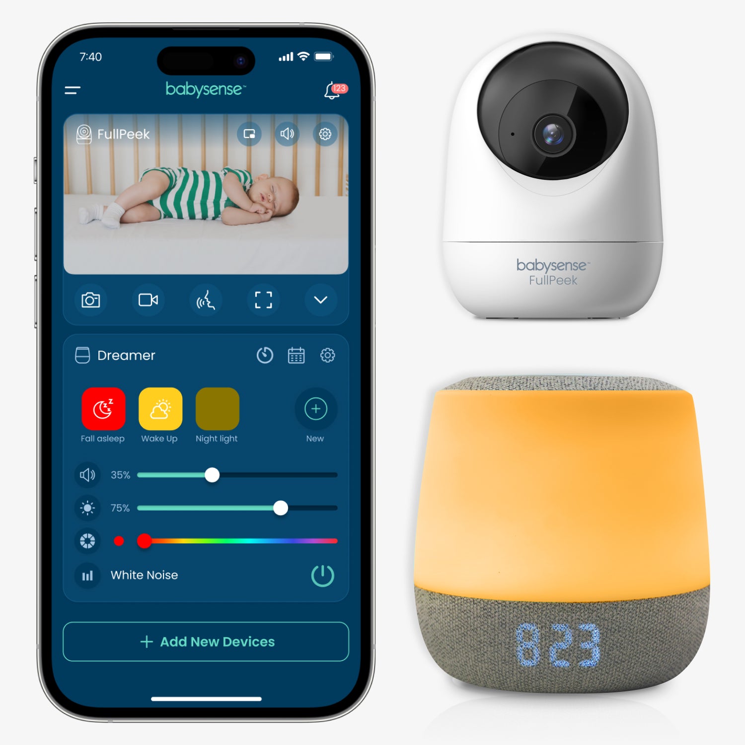 Babysense Travel Comfort Bundle: FullPeek 3MP HD WiFi Baby Monitor + Dreamer 2.0 Night Light & Sound Machine