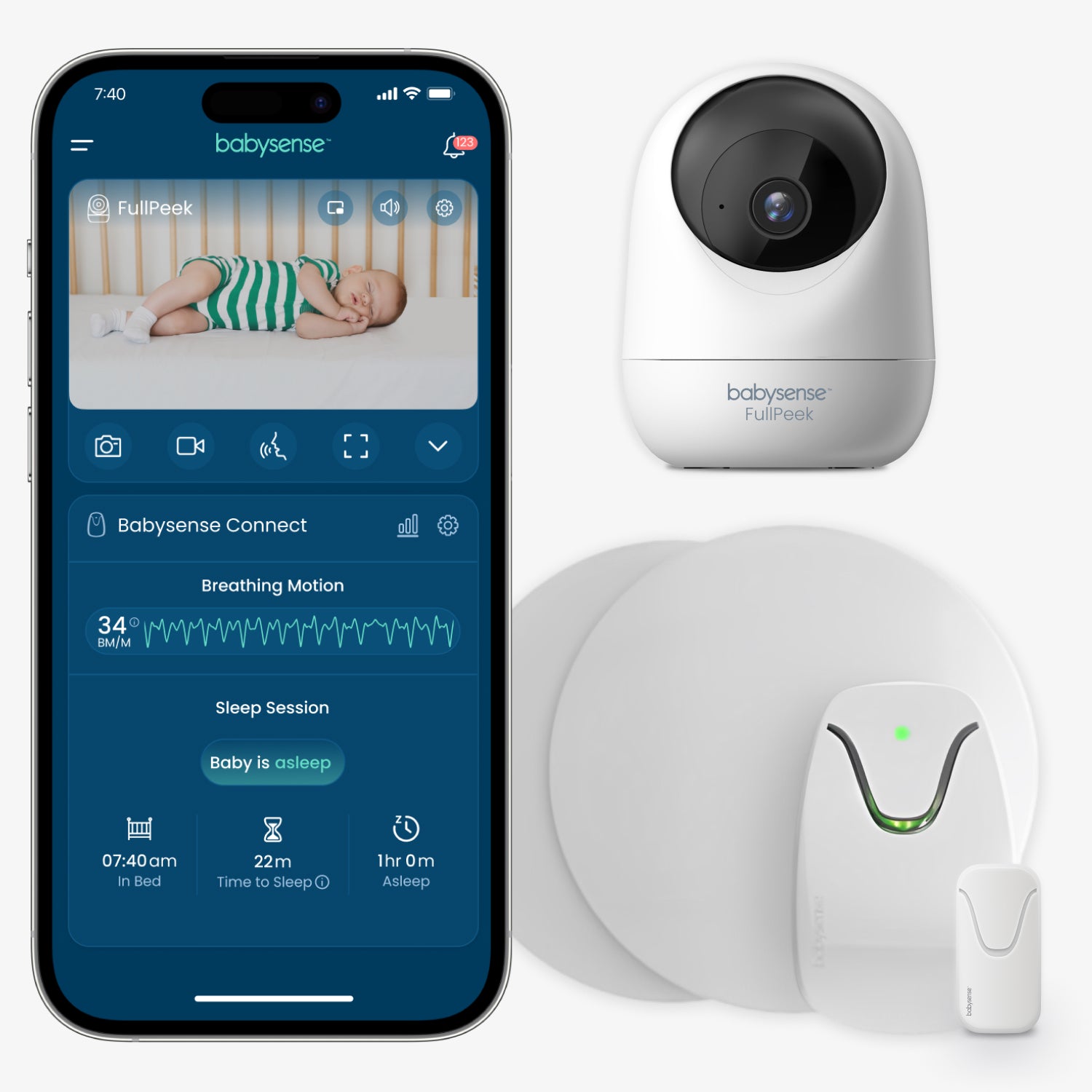 Babysense Total Sleep & Monitoring Solution: 3MP WiFi HD Camera + Baby Breathing Motion Tracking, Both Connected to One App