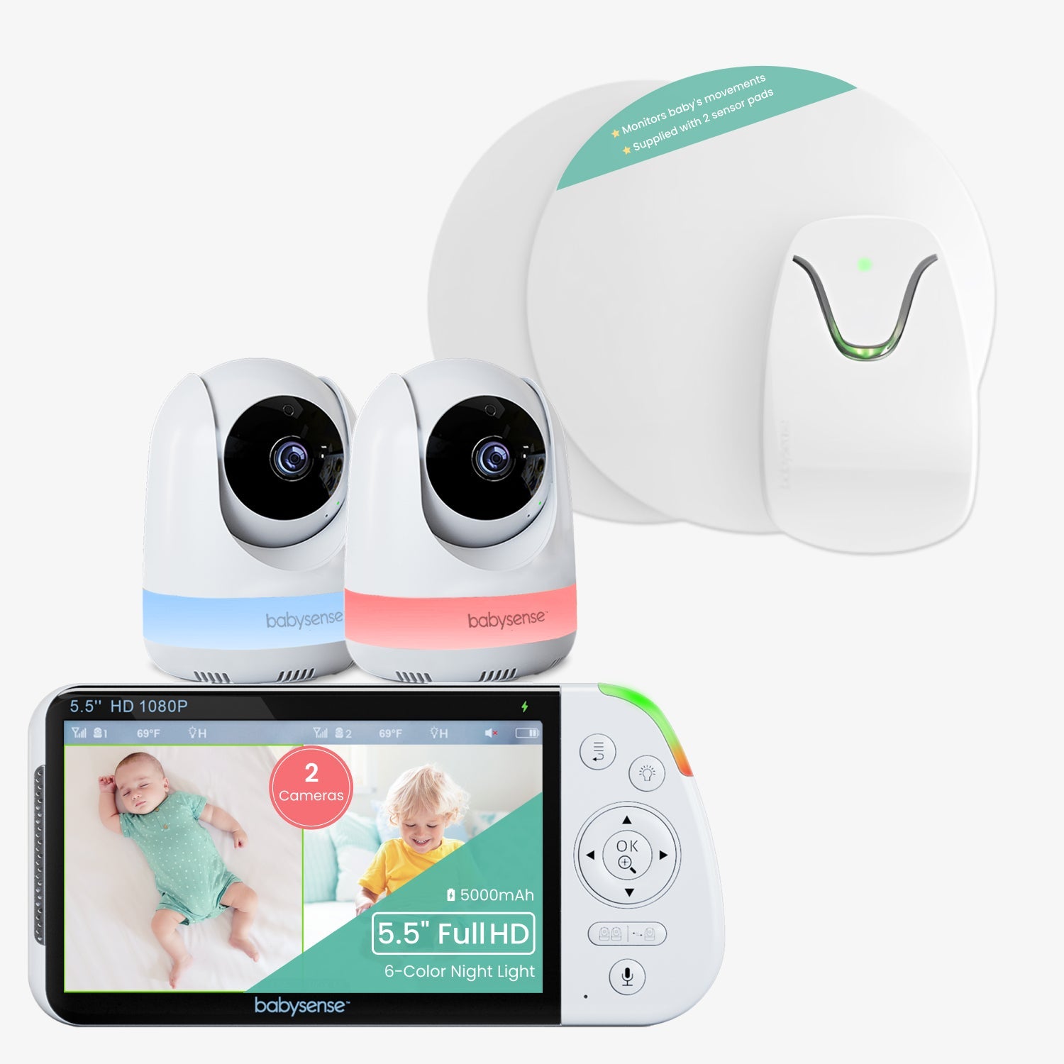 Babysense 2 - in - 1 Monitoring Set: Video Baby Monitor with 2 Cameras, Split Screen, Night Light & Sound Machine + Breathing Motion Detection & Safety Alerts - Babysense