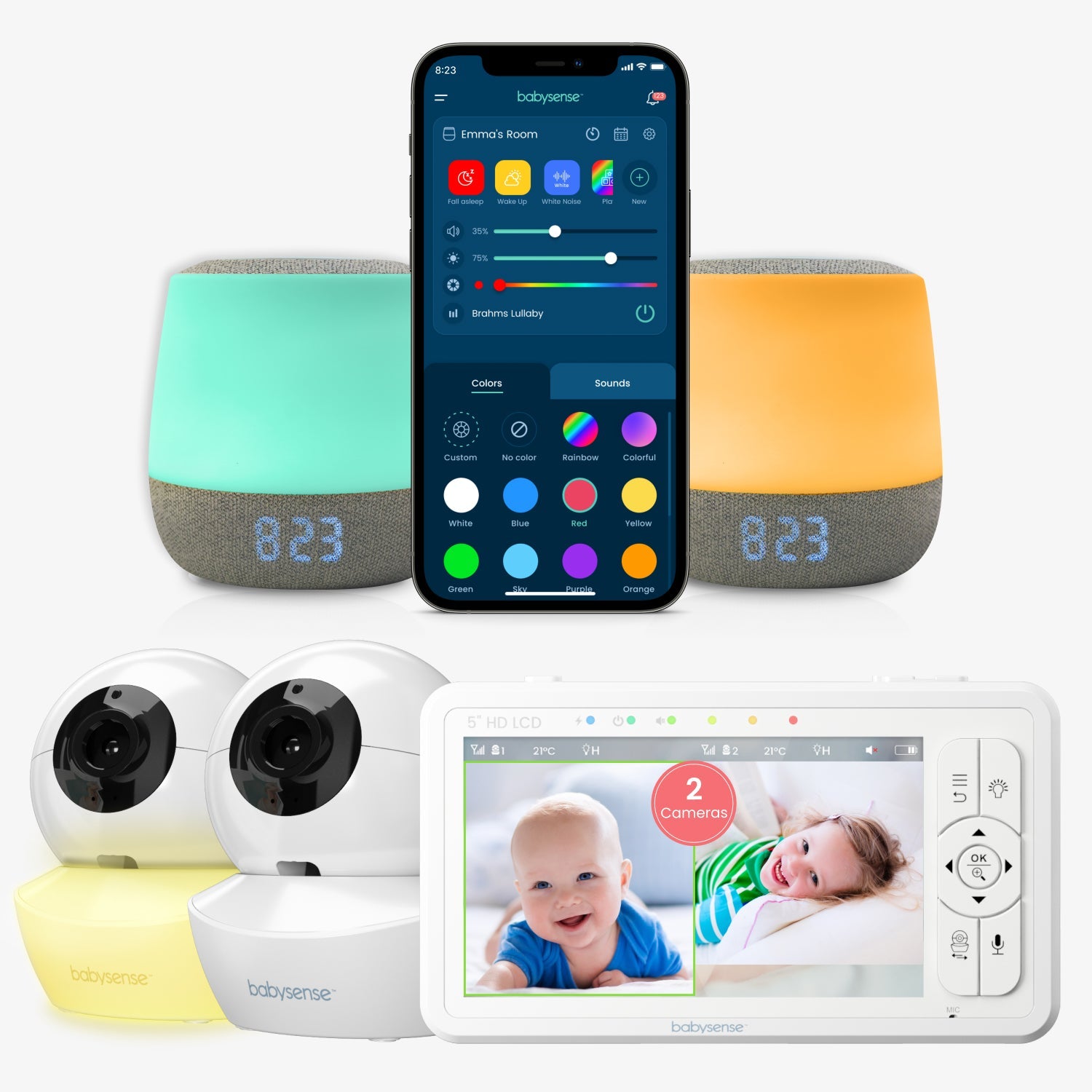 Babysense 3 in 1 - Multiple - Children Video Baby Monitor with 2 HD Cameras & 2 Smart Baby White Noise Sound and Light Machines - Babysense