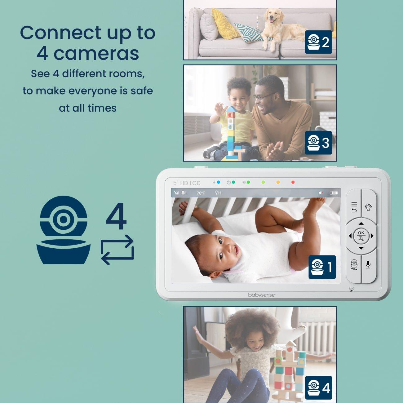 Babysense 3 in 1 - Multiple - Children Video Baby Monitor with 2 HD Cameras & 2 Smart Baby White Noise Sound and Light Machines - Babysense