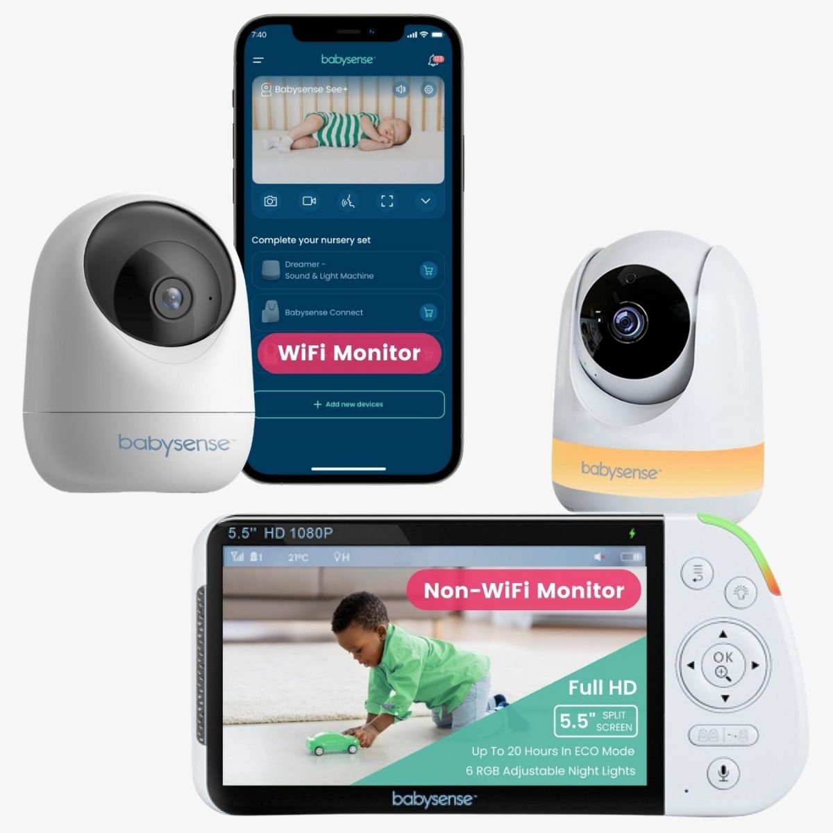 Babysense Full HD Baby Monitor with Camera and Audio & Bonus WiFi Security Camera with App for Remote Viewing - MaxView&FullPeek - Babysense