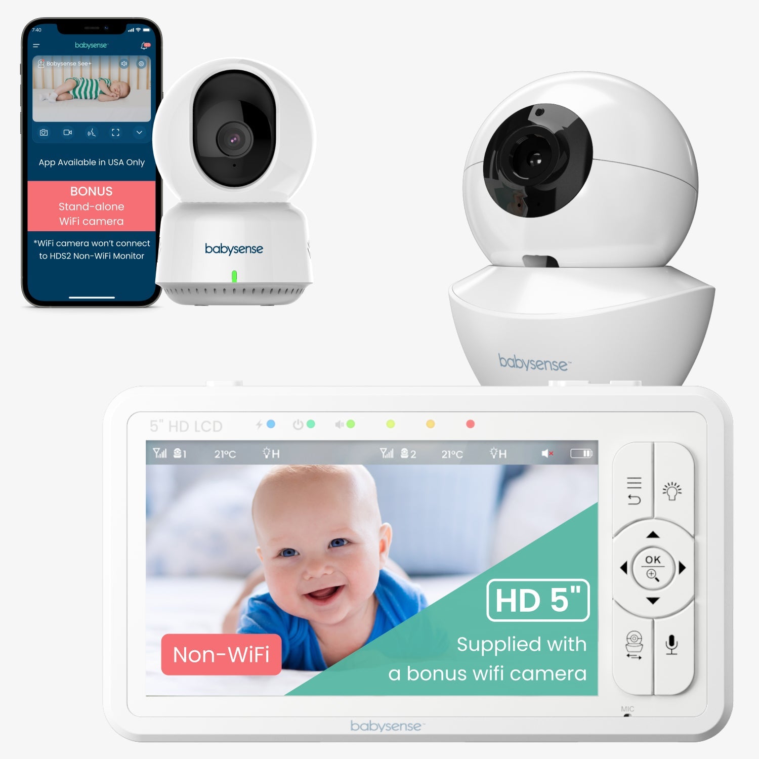 Babysense HD Dual - Baby Monitor with WiFi, and Separate Non - WiFi Camera - Babysense