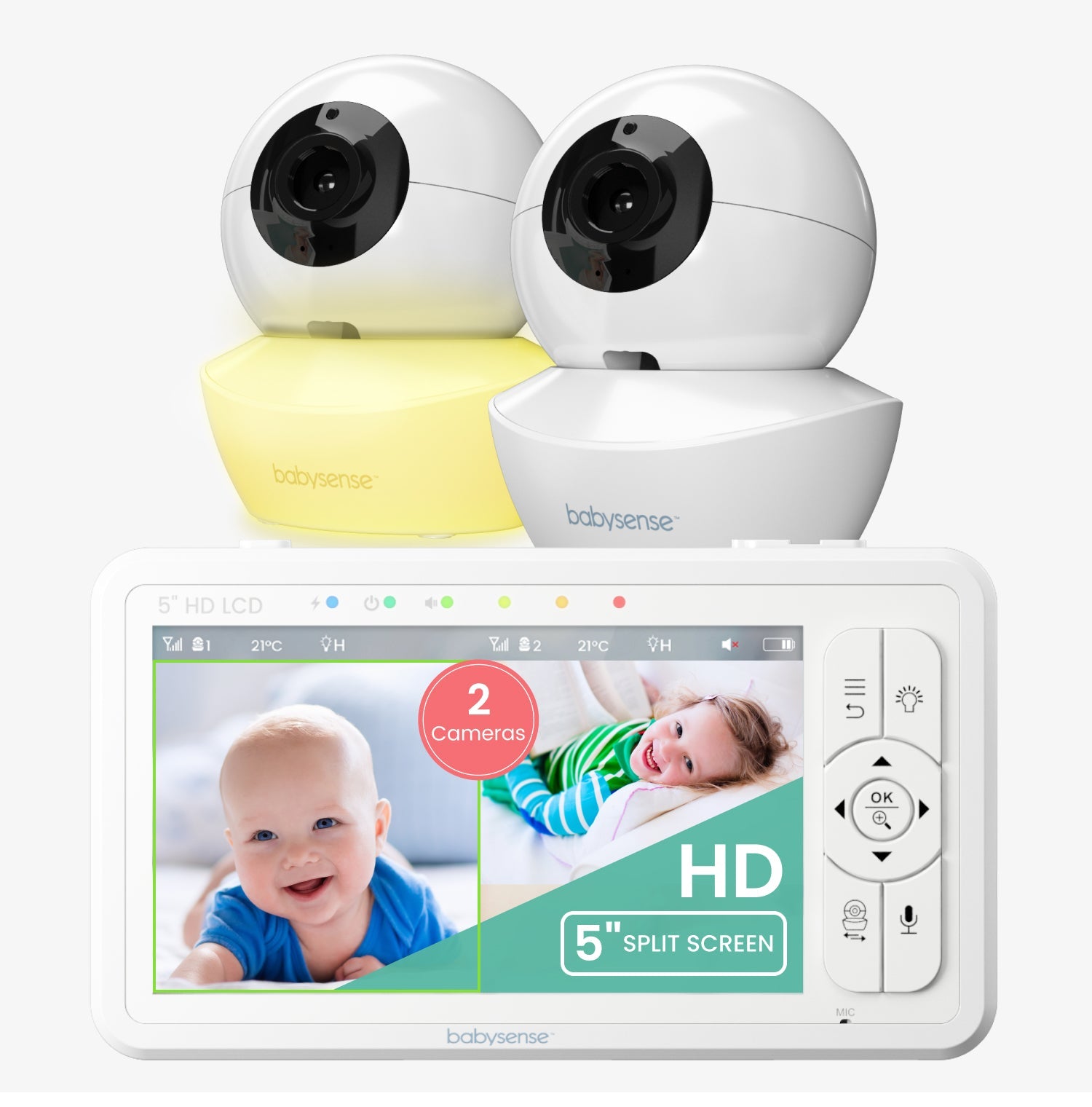 Babysense HD S2: Video Baby Monitor with 2 Cameras, Non Wifi, Split Screen & Night Light Machine - Babysense