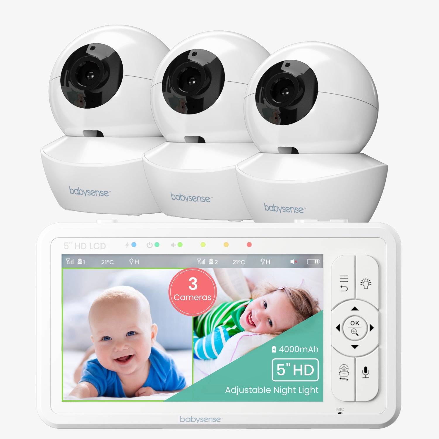 Babysense HD S2: Video Baby Monitor with 3 Cameras, Non Wifi, Split Screen & Night Light Machine - Babysense