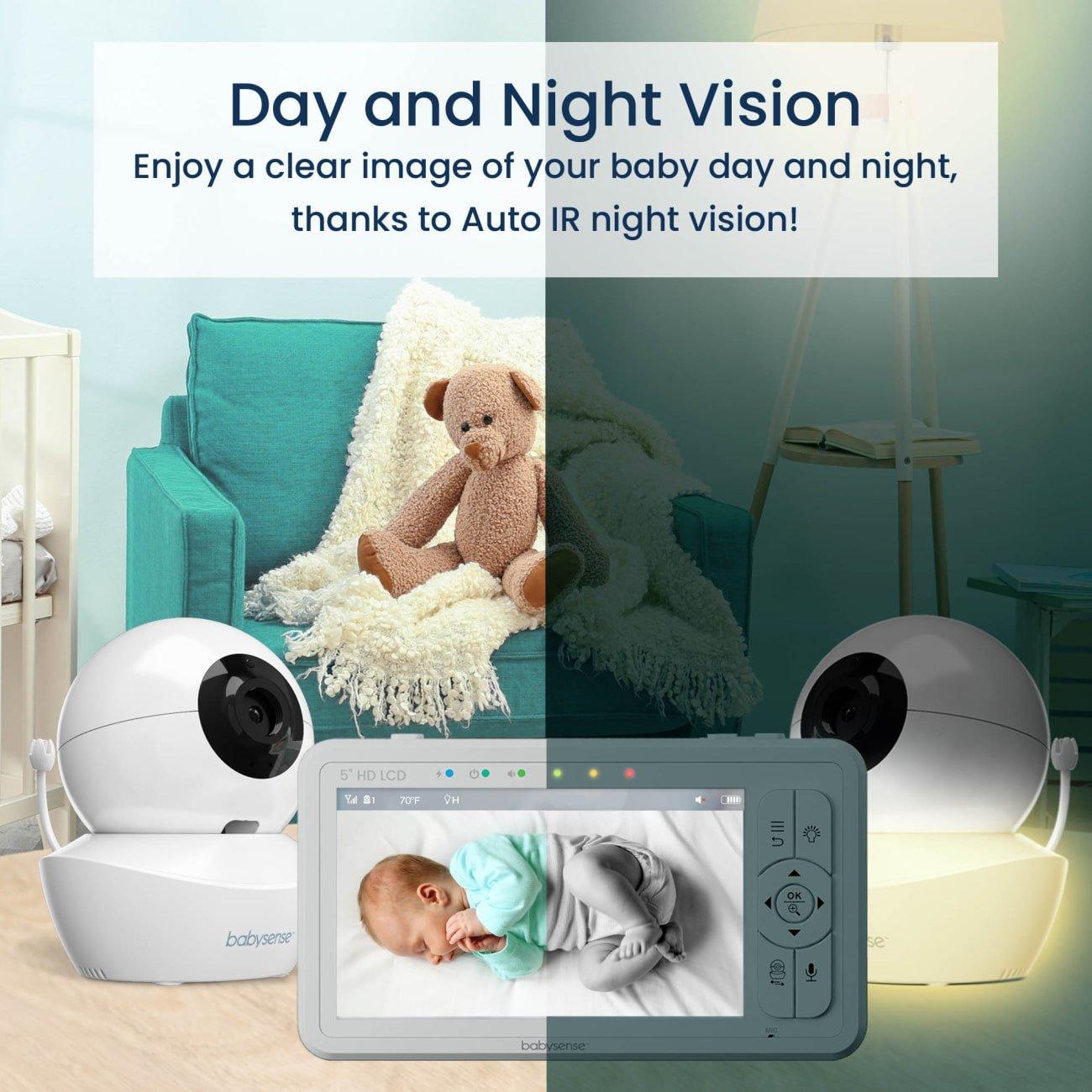 Babysense HD S2: Video Baby Monitor with 3 Cameras, Non Wifi, Split Screen & Night Light Machine - Babysense