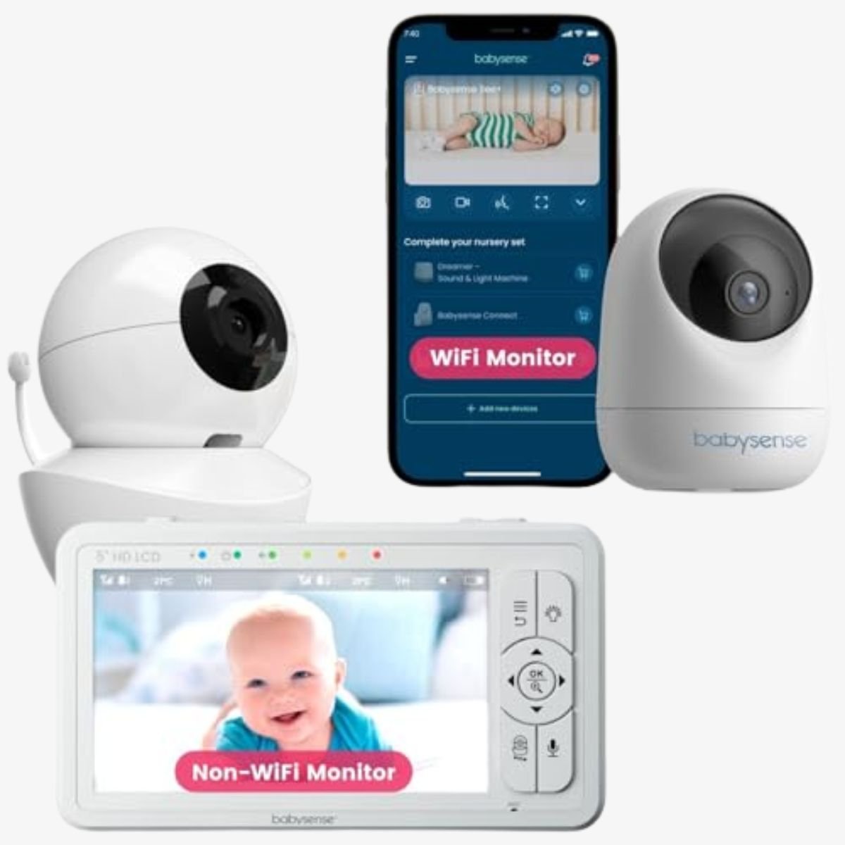 Babysense HDS2 Non - WiFi 5” HD Baby Monitor with Camera and Audio & Bonus WiFi Security Camera with App for Remote Viewing - HDS2&FullPeek - Babysense