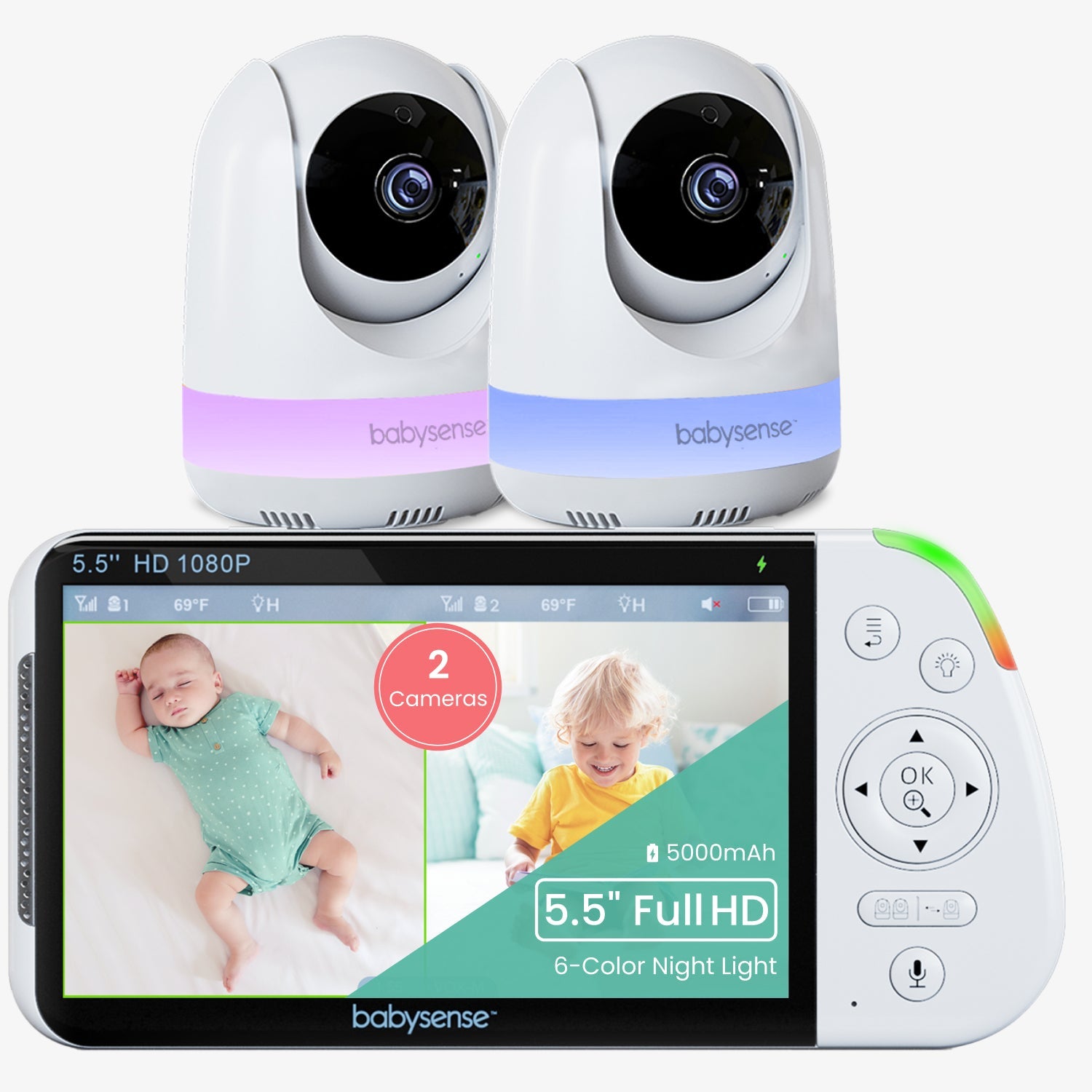 Babysense Max View: Video Baby Monitor with 2 Cameras, Non Wifi, Split Screen, Night Light & Sound Machine - Babysense