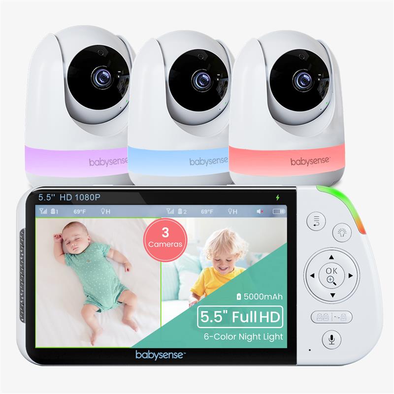 Babysense Max View: Video Baby Monitor with 3 Cameras, Non Wifi, Split Screen, Night Light & Sound Machine - Babysense