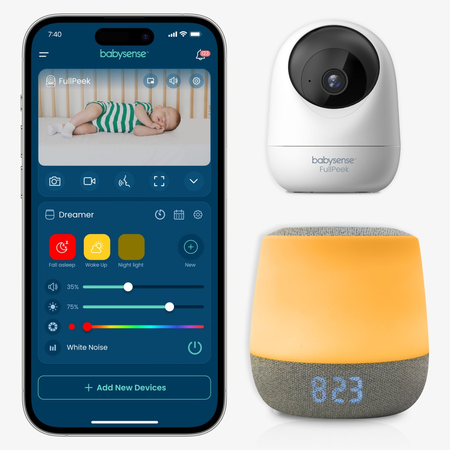 Babysense Travel Comfort Bundle: FullPeek 3MP HD WiFi Baby Monitor + Dreamer 2.0 Night Light & Sound Machine - Babysense